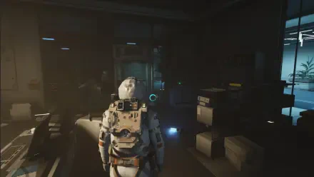 A high-definition wallpaper from the video game EVOTINCTION, featuring a suited character exploring a dimly lit room with futuristic technology and boxes.