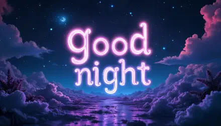 A serene 4K Ultra HD wallpaper featuring the words good night illuminated in soft pink light against a starry sky and tranquil clouds over a reflective ocean.