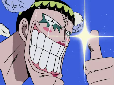 High-definition wallpaper featuring Bentham from One Piece, showcasing his signature grin and colorful face paint against a bright blue background.