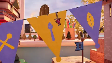 Colorful banners featuring playful designs hang in a vibrant setting inspired by the video game The Plucky Squire, set against a backdrop of whimsical decorations and greenery.