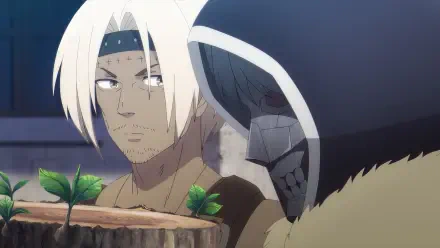 A detailed HD wallpaper featuring characters from The Unwanted Undead Adventurer, showcasing a contemplative scene with a character and a skeletal figure.