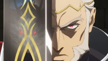 A striking anime character with sharp features and intense red eyes, partially obscured by a sword decorated with intricate designs. This HD wallpaper captures an epic moment from I Parry Everything.