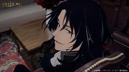 HD PC desktop wallpaper featuring a close-up of a character from the anime Delico's Nursery with dark hair and a confident expression in a dimly lit room.