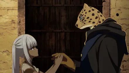 An intense moment between an elf girl and a leopard-headed figure from the anime Failure Frame. The image serves as a visually striking HD desktop wallpaper.