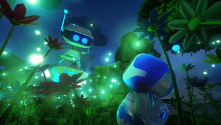 A vibrant HD wallpaper from Astro Bot Rescue Mission, featuring colorful robots amidst glowing flora in a whimsical, otherworldly environment.