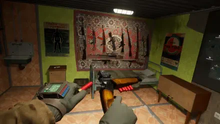 HD PC desktop wallpaper from the video game Into the Radius VR, showing a first-person view of hands holding weapons in a dimly lit room with rifles displayed on the wall.