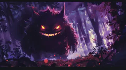 A captivating 4K Ultra HD wallpaper featuring Gengar from Pokémon, set in a mysterious, atmospheric forest with glowing eyes and a mischievous grin.