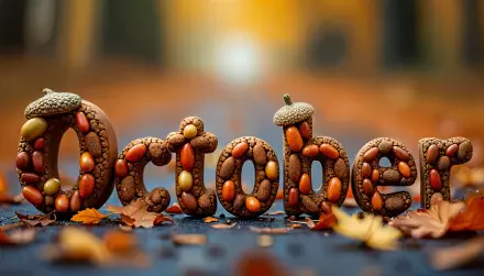 A vibrant 4K Ultra HD desktop wallpaper featuring the word October creatively formed from acorns and leaves, set against a blurred autumn background.