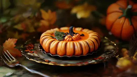 A beautifully crafted pumpkin pie sits on an ornate plate, surrounded by autumn leaves and mini pumpkins, showcased as a 4K Ultra HD desktop wallpaper.