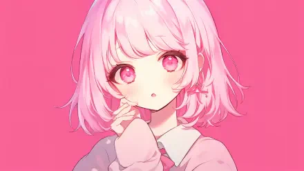 A vibrant pink anime girl with soft features and expressive eyes, set against a bright pink background, showcased as a stunning 4K Ultra HD desktop wallpaper.