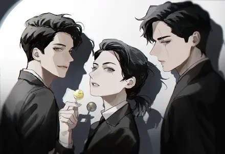 A striking HD wallpaper featuring characters from Omniscient Reader's Viewpoint, showcasing Kim Dokja surrounded by two figures, all in stylish suits against a dynamic background.