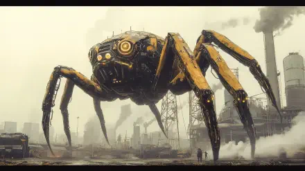 A giant robotic spider looms over a dystopian industrial landscape in this striking 4K Ultra HD sci-fi wallpaper, blending technology with a haunting atmosphere.