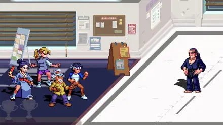 Four characters from The Karate Kid: Street Rumble prepare for a match in this HD PC Desktop Wallpaper, featuring vibrant colors and retro video game elements.