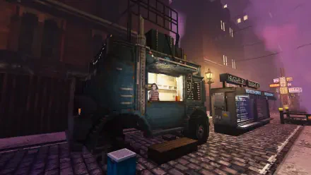 A detailed 4K Ultra HD wallpaper featuring a food truck in an atmospheric, neon-lit street scene from the video game Shadows of Doubt, capturing a sense of urban mystery.