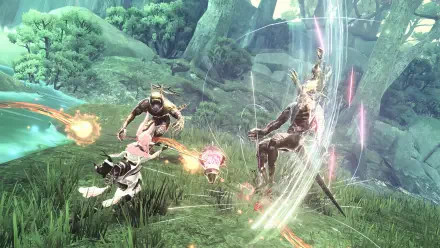 A vibrant scene from the video game Reynatis, featuring dynamic characters engaged in combat amidst a lush, fantastical environment. This HD PC wallpaper captures the game's exciting action.
