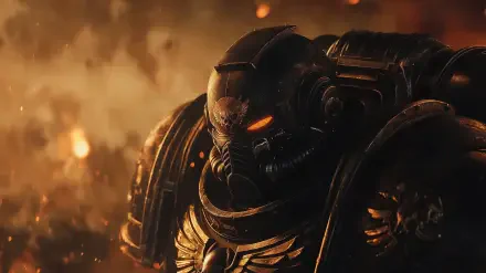 A fierce Space Marine clad in intricate armor stands against a fiery backdrop, embodying the dark, intense atmosphere of the Warhammer 40k universe in this HD desktop wallpaper.