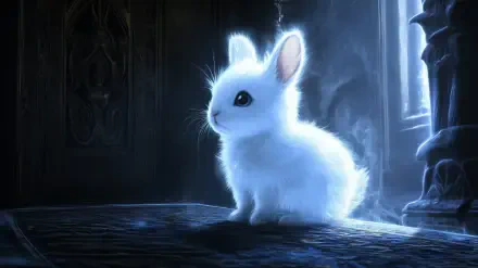 A fantastical, glowing white rabbit sits in a mystical setting, emanating a soft light. This captivating image serves as a stunning HD desktop wallpaper or background.