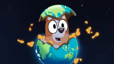 A vibrant HD wallpaper featuring Bluey, the playful dog character, emerging from an egg shaped like the Earth, surrounded by colorful sparks in a cosmic background.