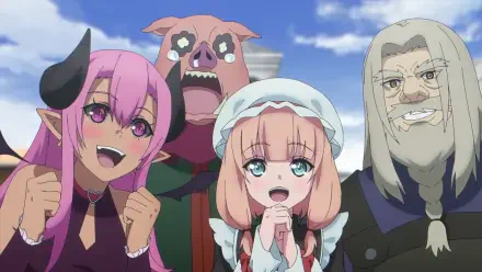 Anime HD desktop wallpaper featuring four characters from The Strongest Magician in the Demon Lord's Army was a Human, including a pink-haired elf, a pig-faced figure, a young girl, and an older man.