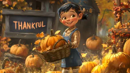 A cheerful girl in a blue dress carries a basket of pumpkins amidst autumn leaves, with a THANKFUL sign in the background. Vibrant colors create a warm, inviting atmosphere.