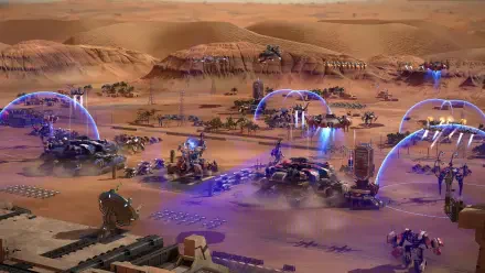 A striking HD wallpaper from the video game Mechabellum, showcasing a futuristic battlefield with advanced machinery and dynamic energy effects against a desert backdrop.