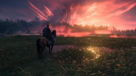 Ghost of Tsushima 4K Ultra HD PC desktop wallpaper featuring a lone rider on horseback overlooking a fiery sunset across a grassy field.