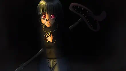 A striking HD wallpaper featuring Shizuku Murasaki from Hunter x Hunter, standing in shadows with a serious expression, holding a pen and a unique weapon.
