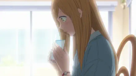A character from *My Love Story With Yamada-kun at Lv999* stares thoughtfully at a blue drink, capturing a moment of reflection in this HD anime wallpaper.