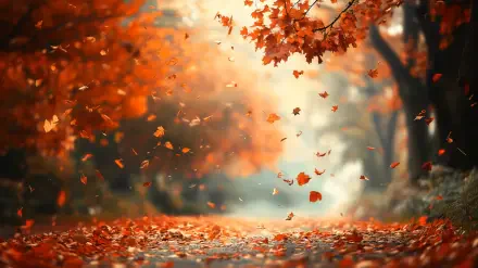 A serene fall scene featuring vibrant orange and red leaves cascading through the air, with a carpet of fallen leaves lining a softly lit pathway. 4K Ultra HD wallpaper.