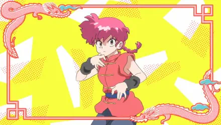 HD PC desktop wallpaper featuring Ranma Saotome from the anime Ranma ½, with a bright yellow background and decorative pink dragon accents.