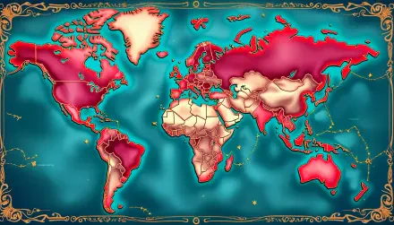 A vibrant world map displayed in rich colors, designed as a 4K Ultra HD PC desktop wallpaper, showcasing detailed geography with artistic borders.