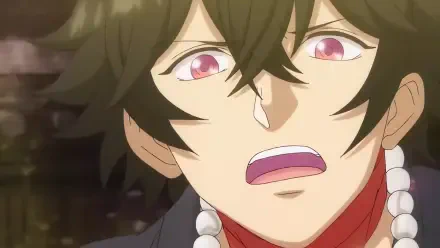 An intense moment from the anime Haigakura, featuring a character with striking red eyes and a concerned expression, set against a blurred background. High-definition wallpaper.