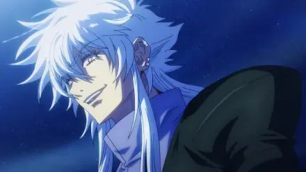 A stunning HD anime wallpaper featuring a character from Haigakura, showcasing striking silver hair and a confident smile against a night sky backdrop.