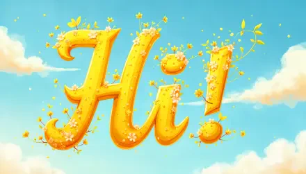 A vibrant 4K Ultra HD wallpaper featuring the cheerful word Hi! adorned with flowers against a bright blue sky, evoking a warm and welcoming atmosphere.