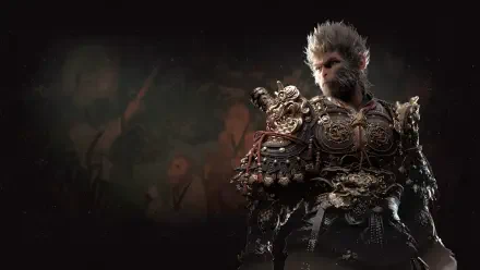 HD PC desktop wallpaper featuring a detailed and fierce depiction of Wukong from Black Myth: Wukong, showcasing intricate armor and a dark, atmospheric background.
