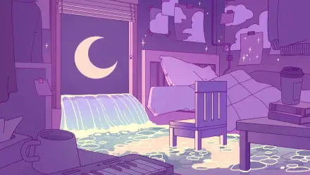 Melatonin HD PC desktop wallpaper: dreamy purple bedroom at night, crescent moon spilling a glowing waterfall across the floor, bed and chair bathed in starlight.
