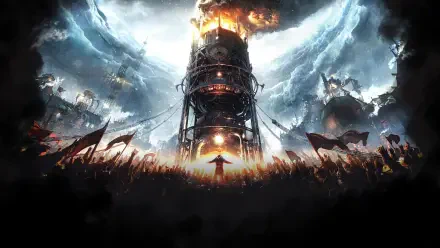 A dramatic scene from the video game Frostpunk 2, featuring a towering, fiery structure surrounded by a crowd, set against a stormy sky, making a striking HD PC desktop wallpaper.