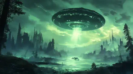 A striking 4K Ultra HD image depicting a UFO invasion, featuring an illuminated spaceship hovering over a mysterious landscape, engulfed in a greenish glow and surrounded by eerie structures.