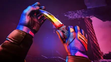 An HD wallpaper showcasing a player's hands holding a vibrant knife from Counter-Strike 2, set against a dramatic, colorful background.