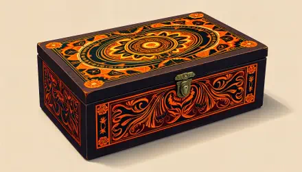 An intricately designed box with vibrant orange and black patterns, displayed against a neutral background, presented as a 4K Ultra HD desktop wallpaper.