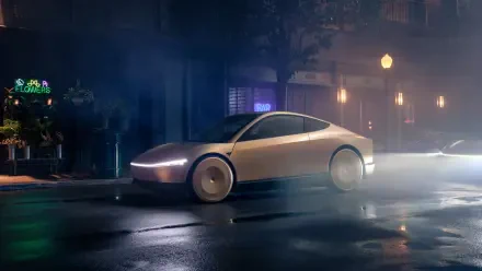 A sleek Tesla robotaxi glides through a misty, illuminated street, showcasing a futuristic vehicle design in this vibrant 4K Ultra HD wallpaper.