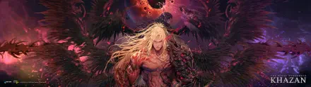 A vibrant 4K Ultra HD wallpaper from the video game The First Berserker: Khazan, featuring a muscular character with long blonde hair, surrounded by dark wings and a cosmic backdrop.