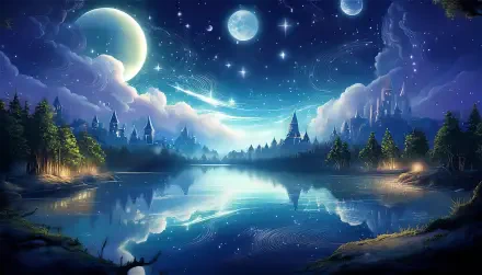 A stunning 4K Ultra HD anime landscape of a fantasy night scene with a glowing lake, multiple moons, starry sky, and distant castles reflecting in the water.