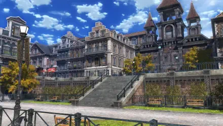 Scenic HD wallpaper from The Legend of Heroes: Trails through Daybreak II, featuring an intricate urban landscape with ornate buildings and a vibrant blue sky.