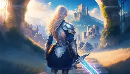 Anime-style medieval knight stands with glowing sword, overlooking a vibrant fantasy landscape and castle under a bright sky, captured in 4K Ultra HD for PC desktop wallpaper.