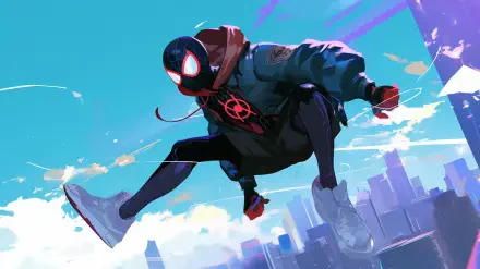 A vibrant anime-style HD wallpaper featuring Miles Morales as Spider-Man, poised dramatically against a bright blue sky with a city skyline in the background.