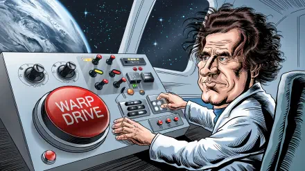 A detailed illustration of a scientist in a spaceship cockpit, focusing on a large WARP DRIVE button, with Earth visible through the window, designed for a 4K Ultra HD desktop wallpaper.