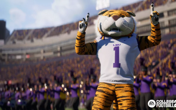 HD wallpaper of EA Sports College Football 25, featuring a costumed tiger mascot in a stadium, raising both hands with cheering fans in the background.