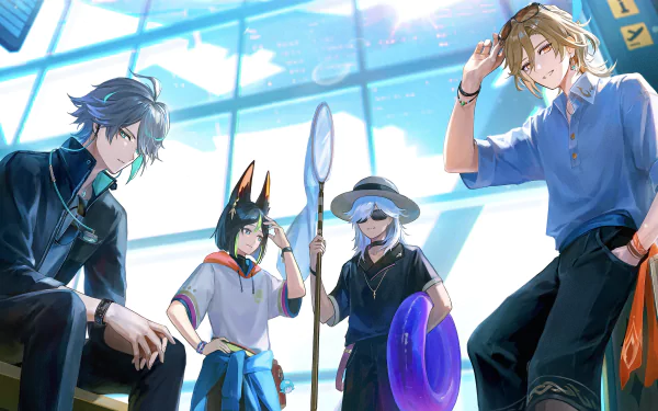 4K Ultra HD desktop wallpaper featuring Genshin Impact characters Al-haitham, Cyno, Kaveh, and Tighnari in a bright, modern indoor setting.