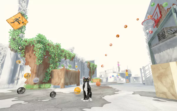 A whimsical HD desktop wallpaper featuring a black cat in a playful urban setting, surrounded by colorful orbs and greenery, tagged with video game and Éte (2024).